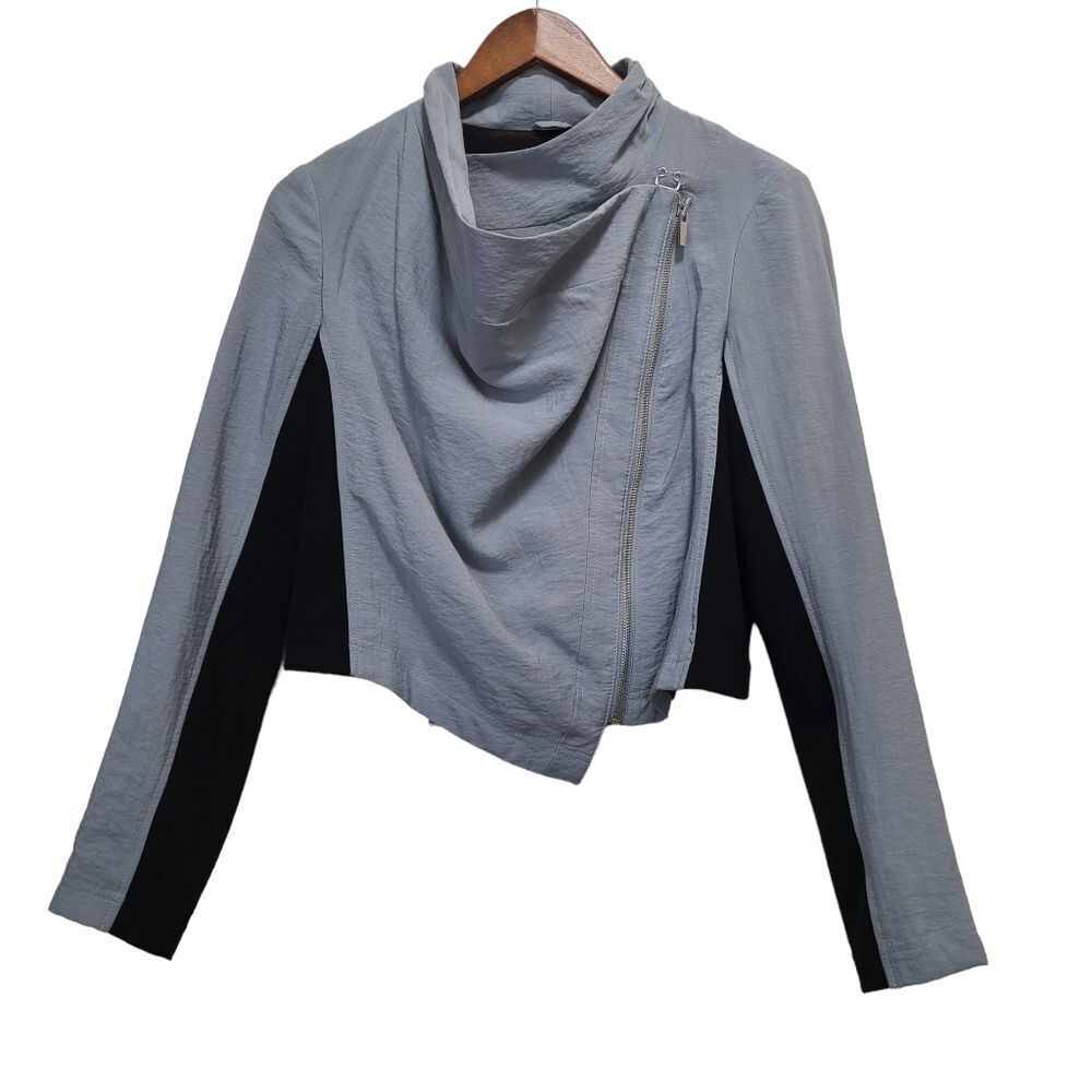 Rachel Roy Womens Asymmetrical Cropped Shirt Jacket Blazer Gray Black Sz Medium